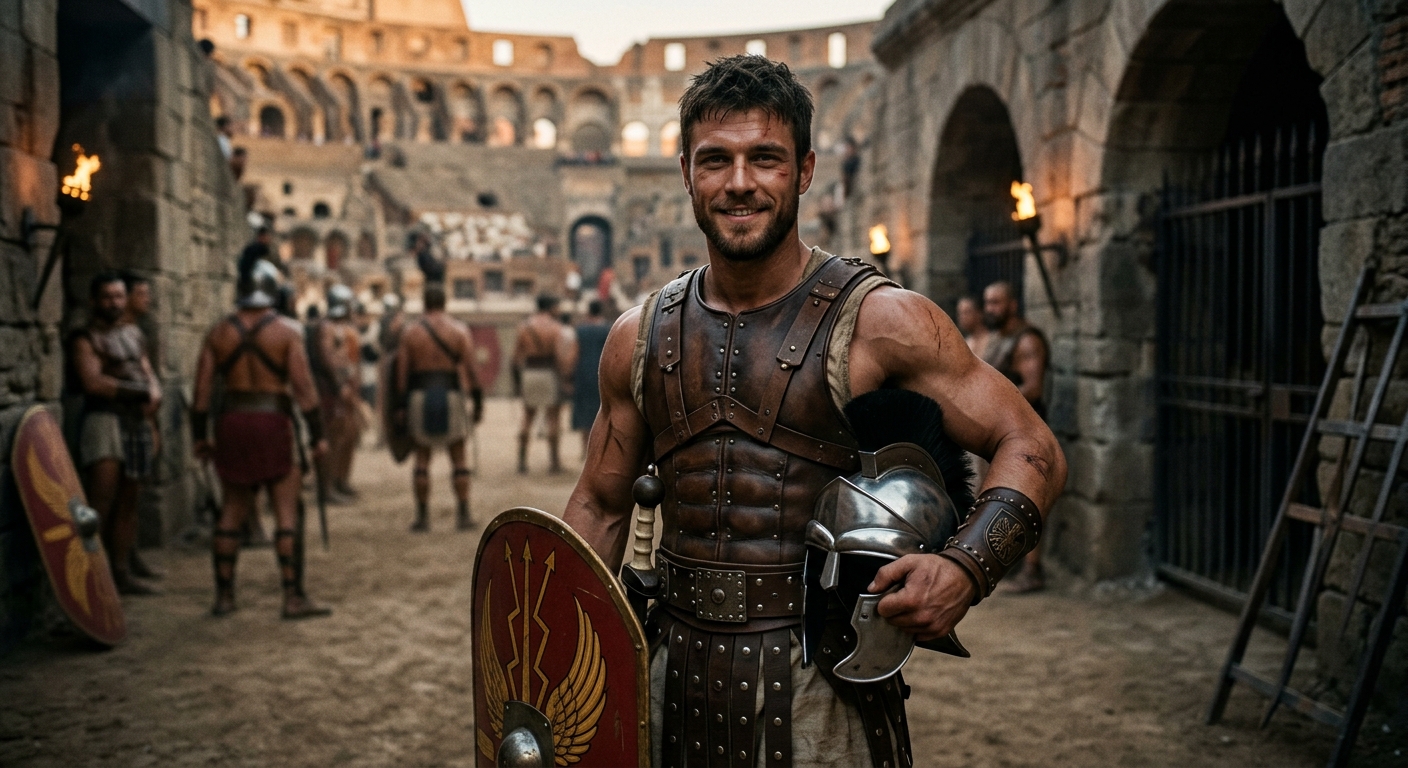 AIで生成したイケメンのローマ剣闘士の画像