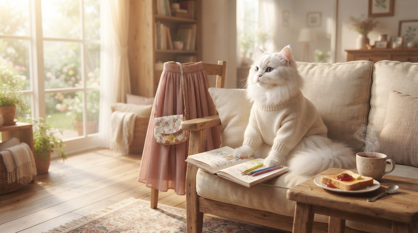朝日の差し込む部屋で、白い猫がソファに座り、スケッチブックを広げてくつろぐイメージ画像