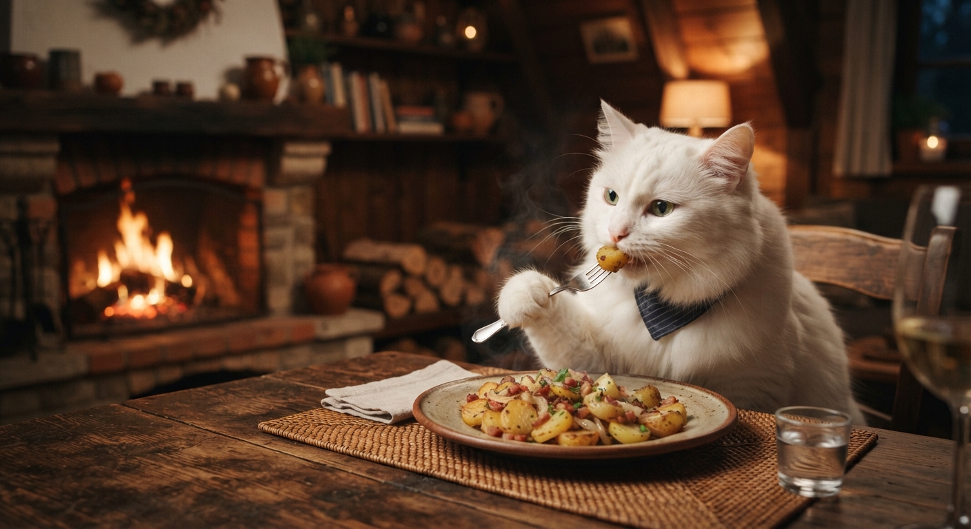 暖炉のある部屋で、白い猫がフォークを持ってジャーマンポテトを食べているイメージ画像